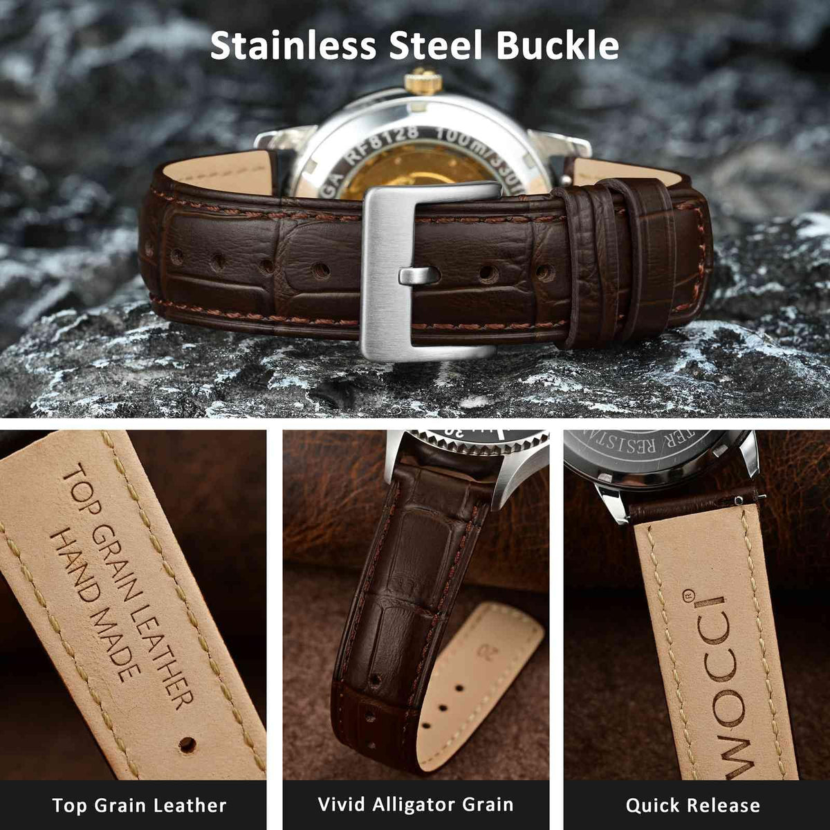 WOCCI 20mm Watch Band, Top Grain Leather, Embossed Alligator Grain, Quick