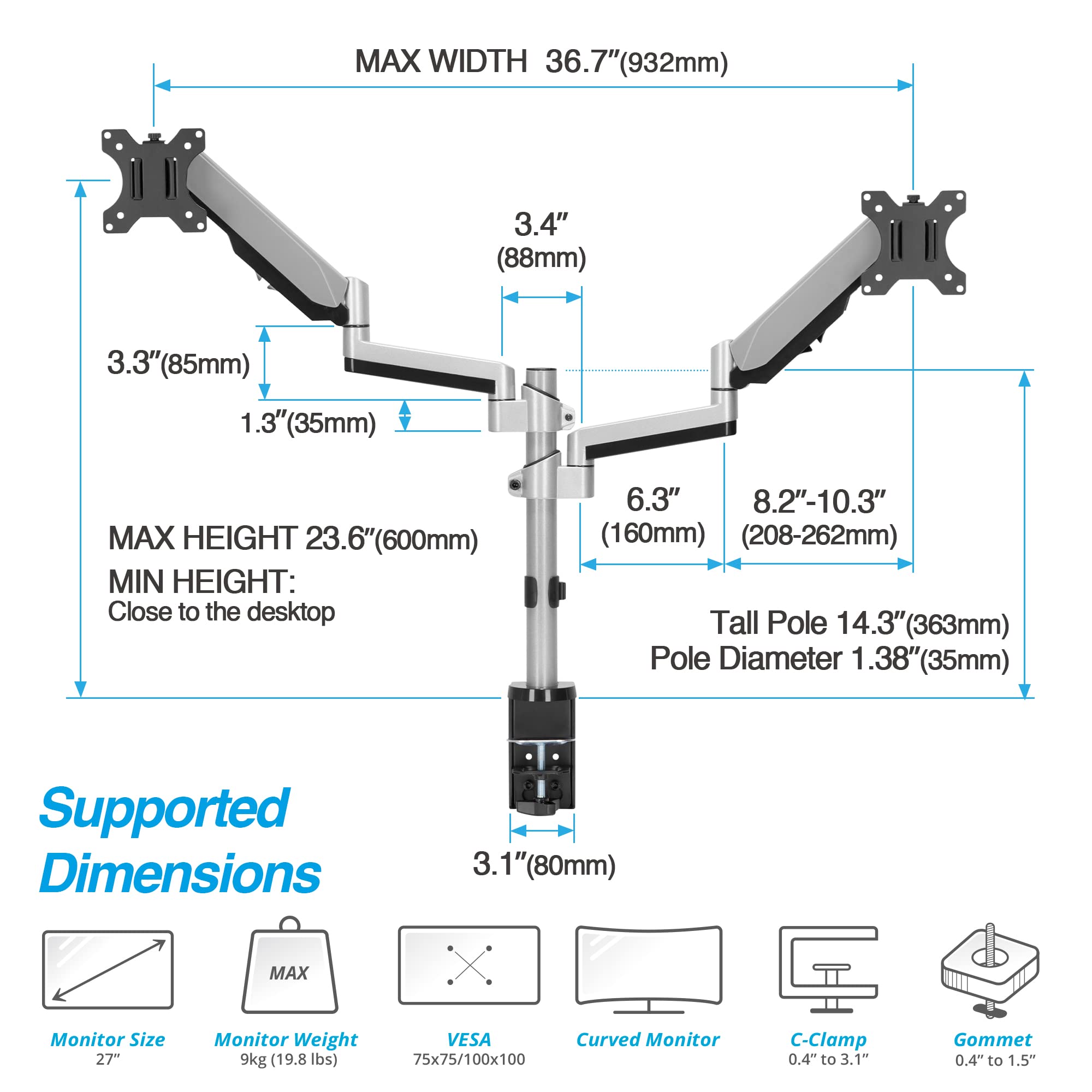 AVLT Dual Stacked Monitor Arm 13–27 inch Full Motion VESA Desk Mount Clamp