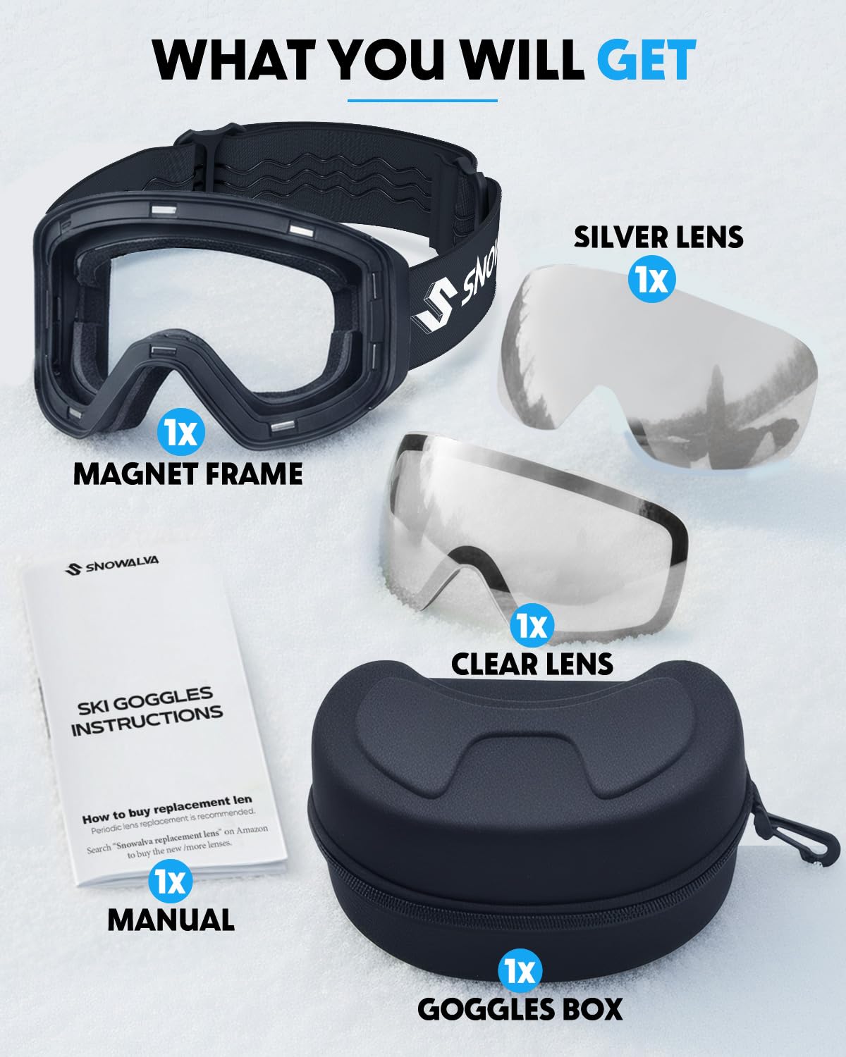 Snowalva Ski Goggles, Snowboard Goggles with 2 UV400 Anti-Fog Detachable Magnet