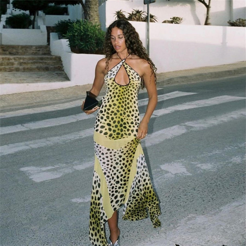 Caviotess Women’s Sexy Halter Backless Leopard Print Maxi Dress Irregular Hem
