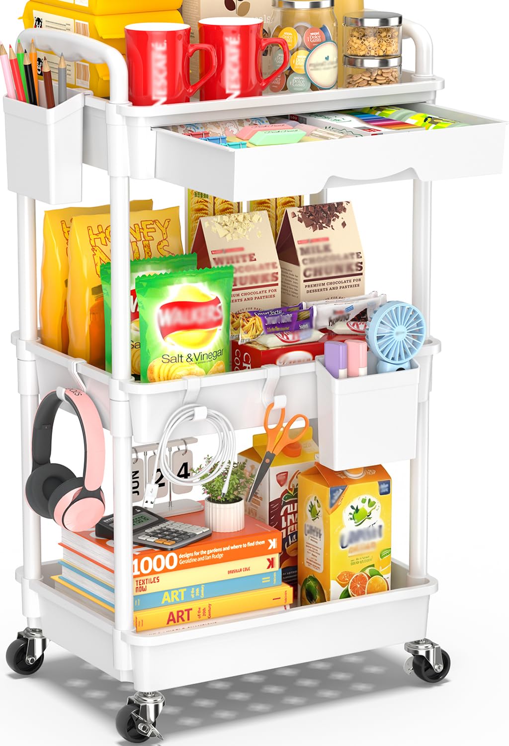 3 Tier Rolling Cart Drawer Bathroom Storage Organizer 2 Lockable Wheels White