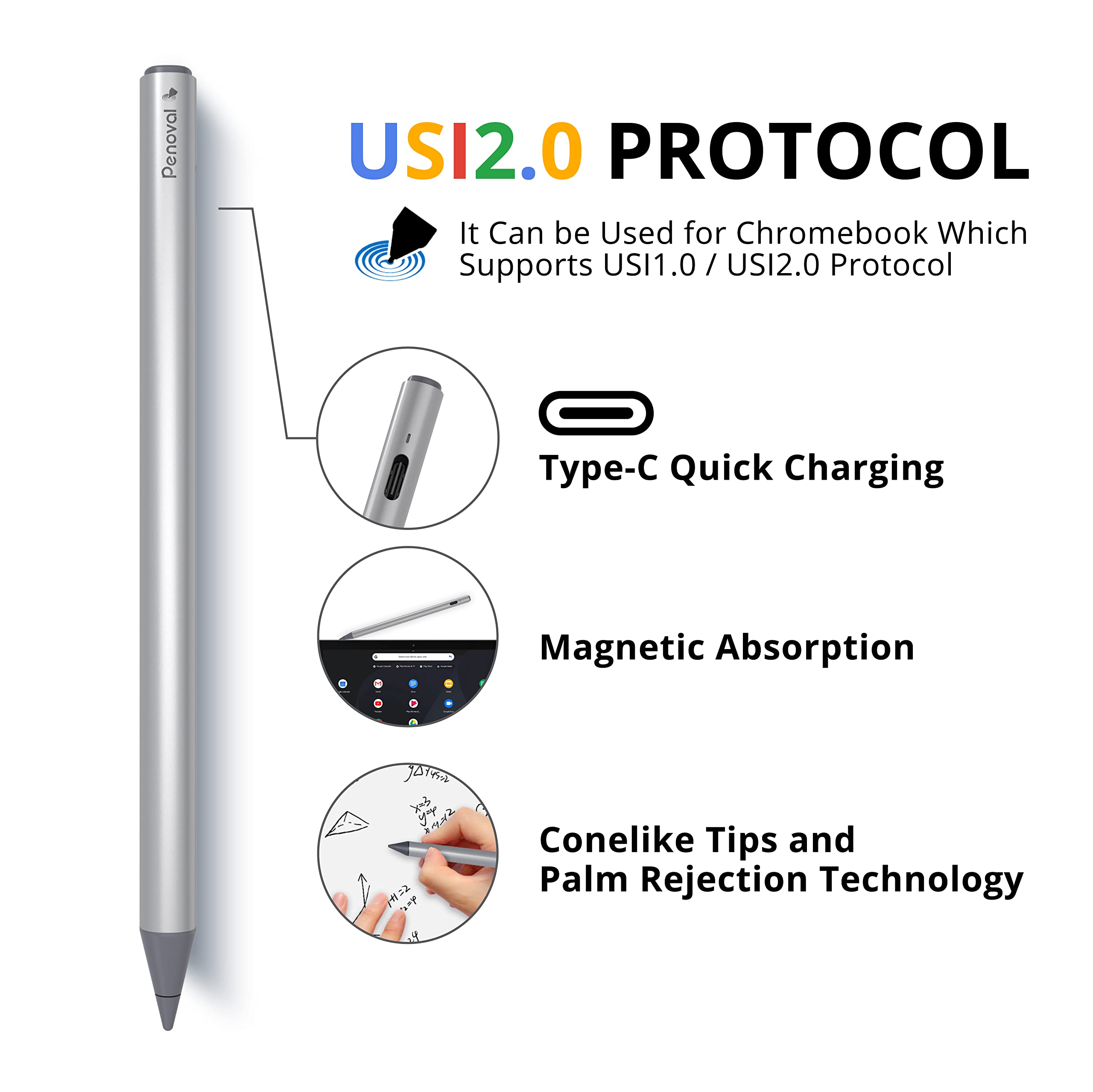 Penoval USI 2.0 Stylus Pen Chromebook 4096 Pressure Lenovo ASUS HP Pixel