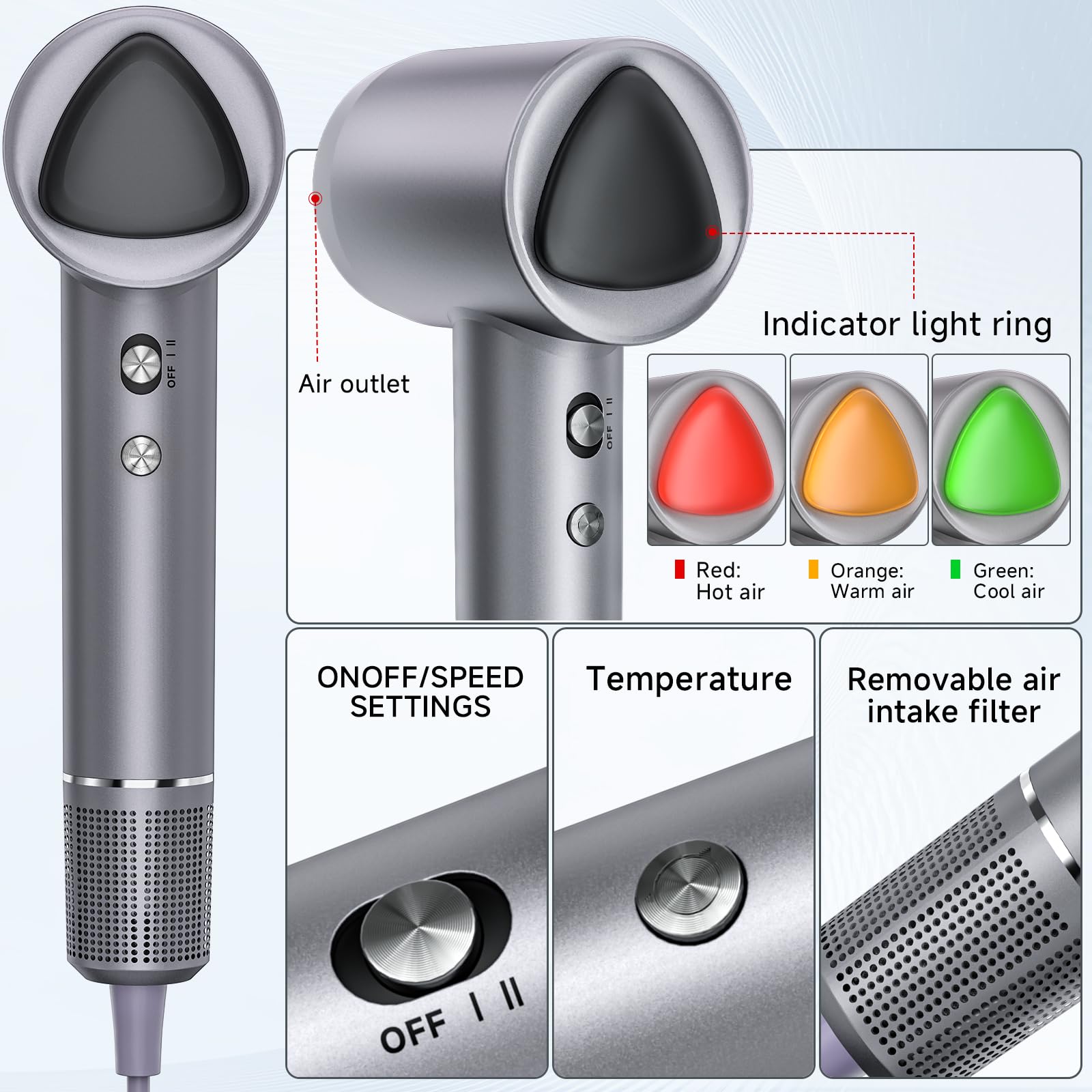 Professional Ionic Hair Dryer 160000RPM Fast Dry Low Noise with Diffuser