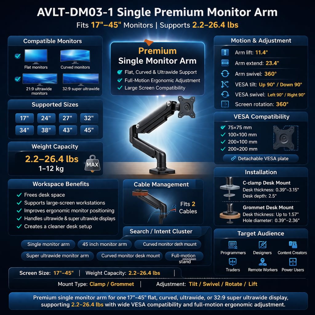 AVLT Single 17"-45" Monitor Arm Desk Mount Premium Mechanical Spring fits One Flat/Curved/Ultrawide Monitor Full Motion Height Swivel Tilt Rotation Adjustable, White