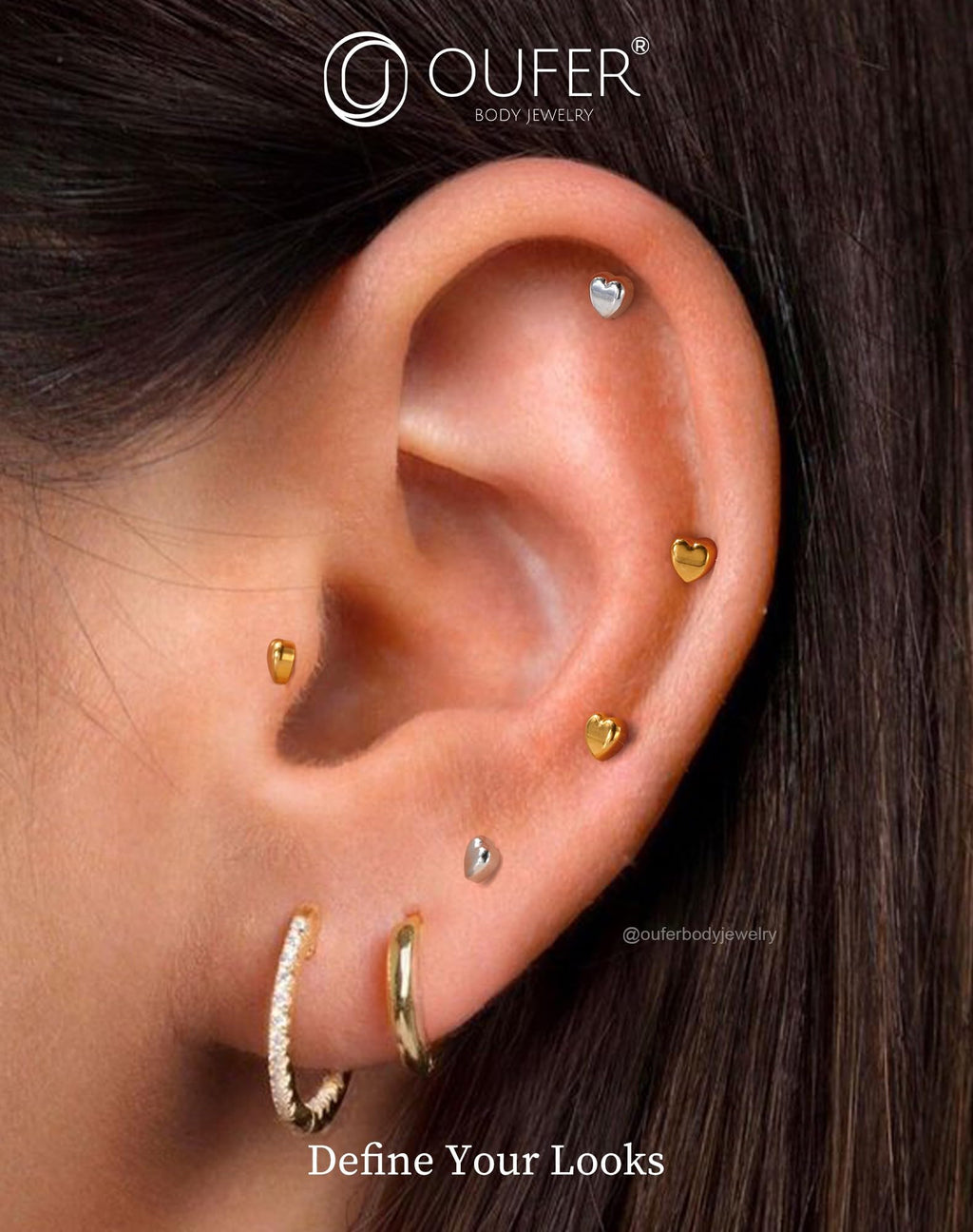 OUFER 18G 6mm G23 Titanium Heart Stud, Flat Back Threadless Silver Jewelry for