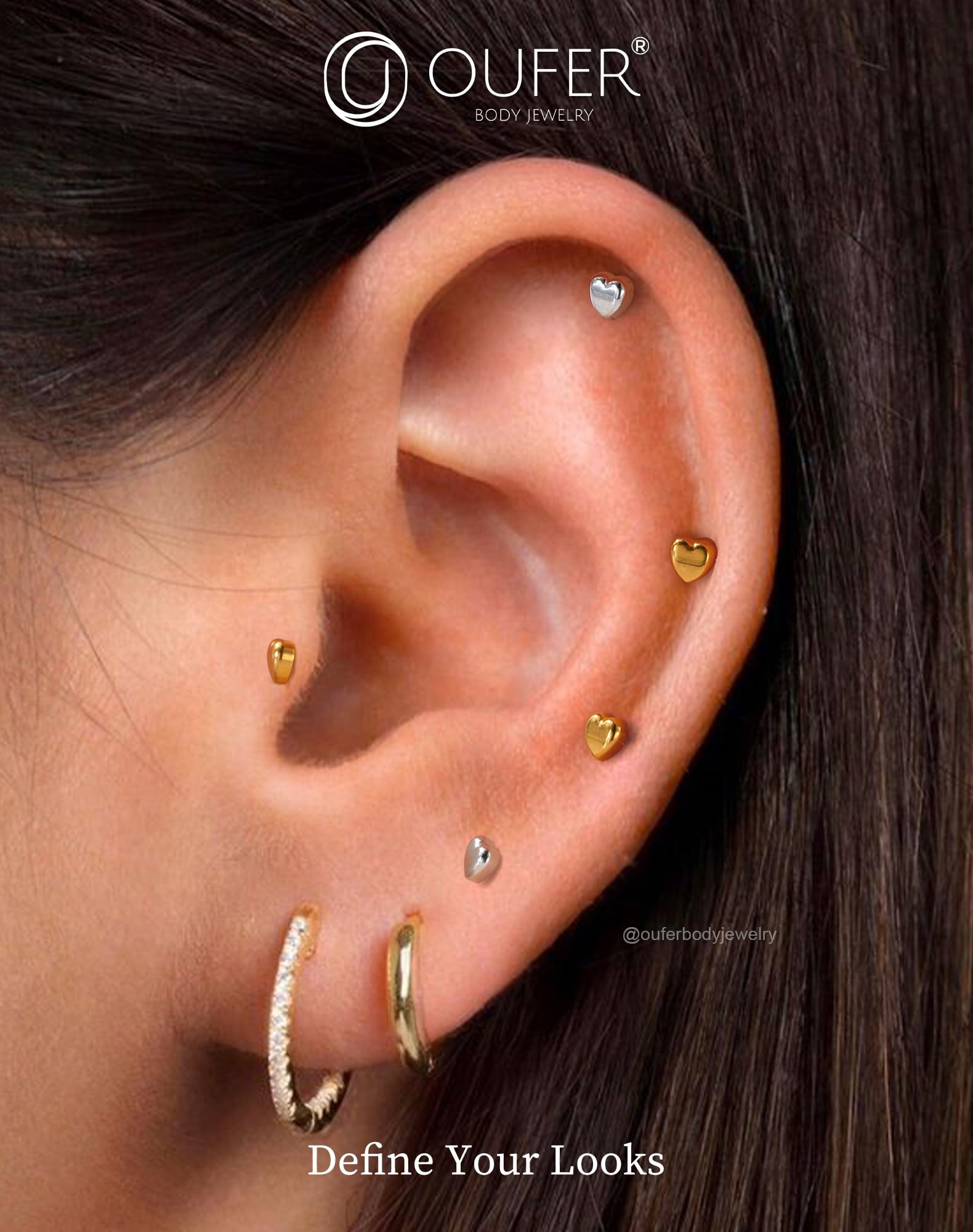 OUFER 18G 6mm G23 Titanium Heart Stud, Flat Back Threadless Silver Jewelry for