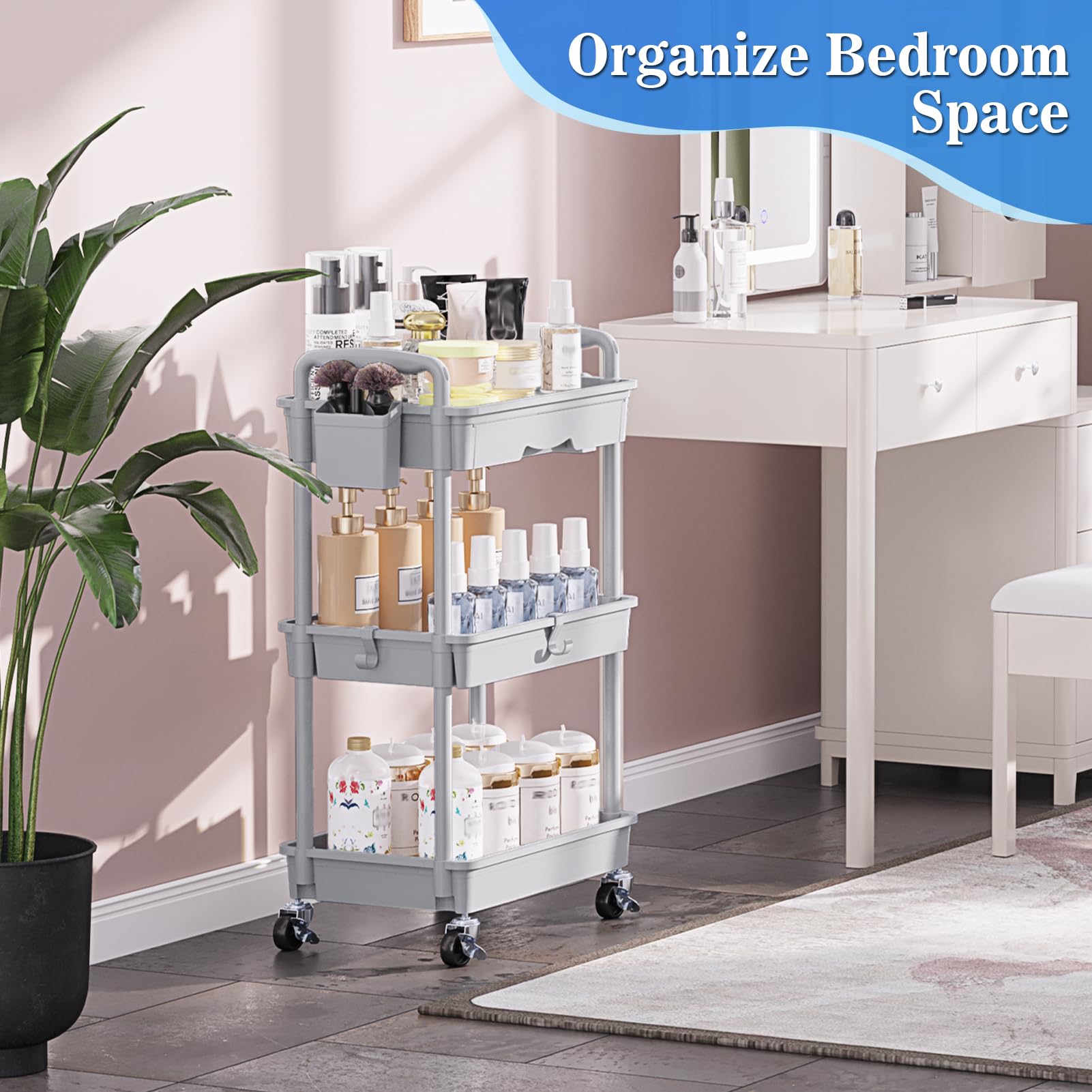 SUNALLY 3 Tier Rolling Cart with Drawer, Bathroom Storage Organizer with 2
