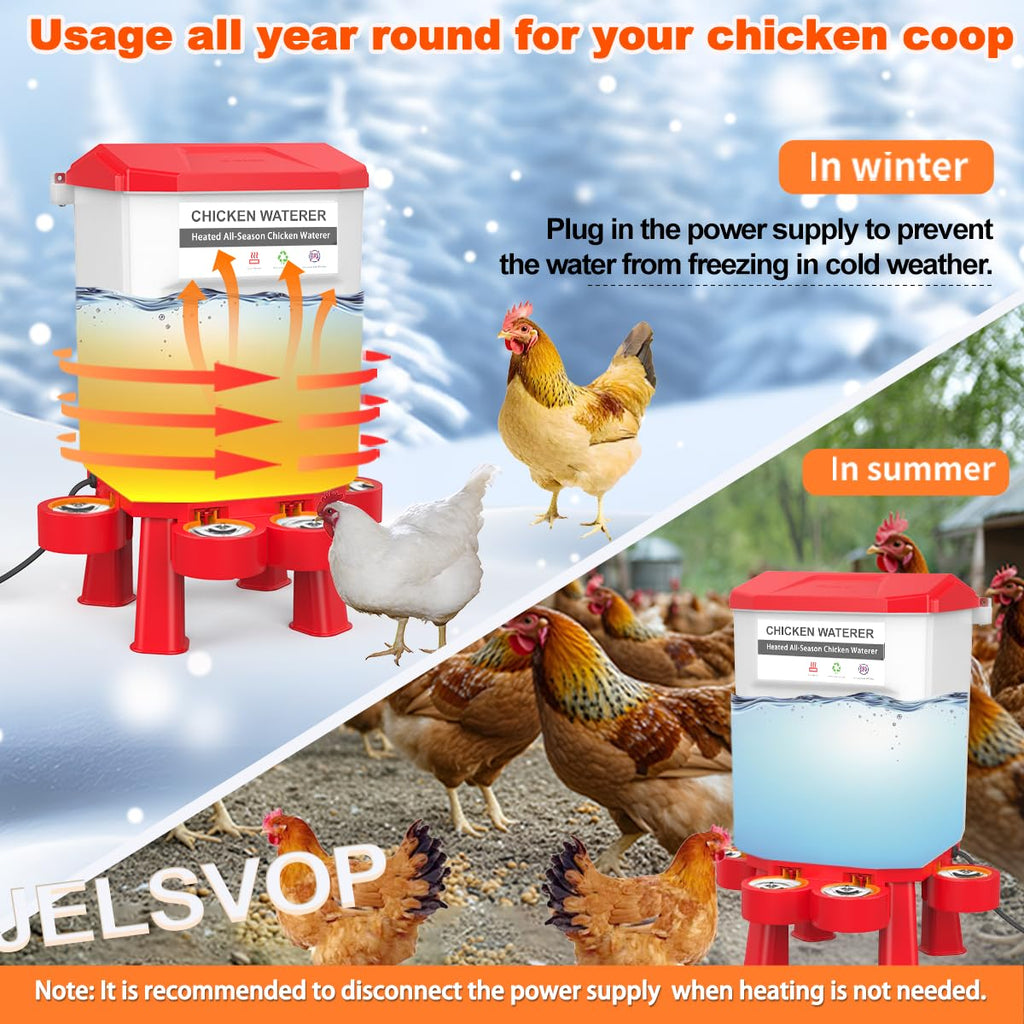 Heated Chicken Waterer 11L Anti-Freeze Poultry Drinker 4 Cups Dark Red