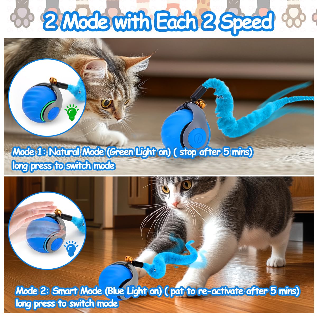 Interactive Cat Toy Ball - Speedy Cat Toys for Indoor Cats with Feather Tails