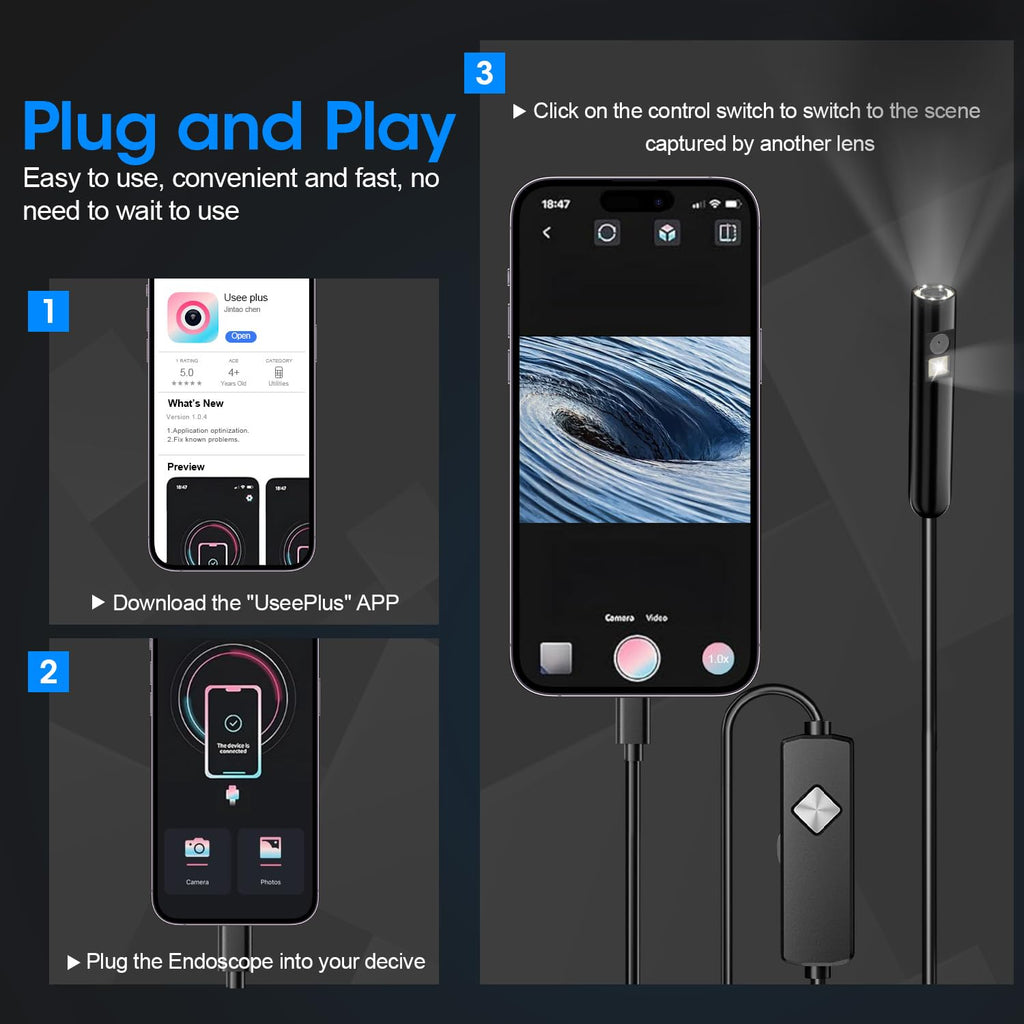 PAPIBLU Endoscope with Light, 1920P HD Borescope with 8 Adjustable LED Lights,