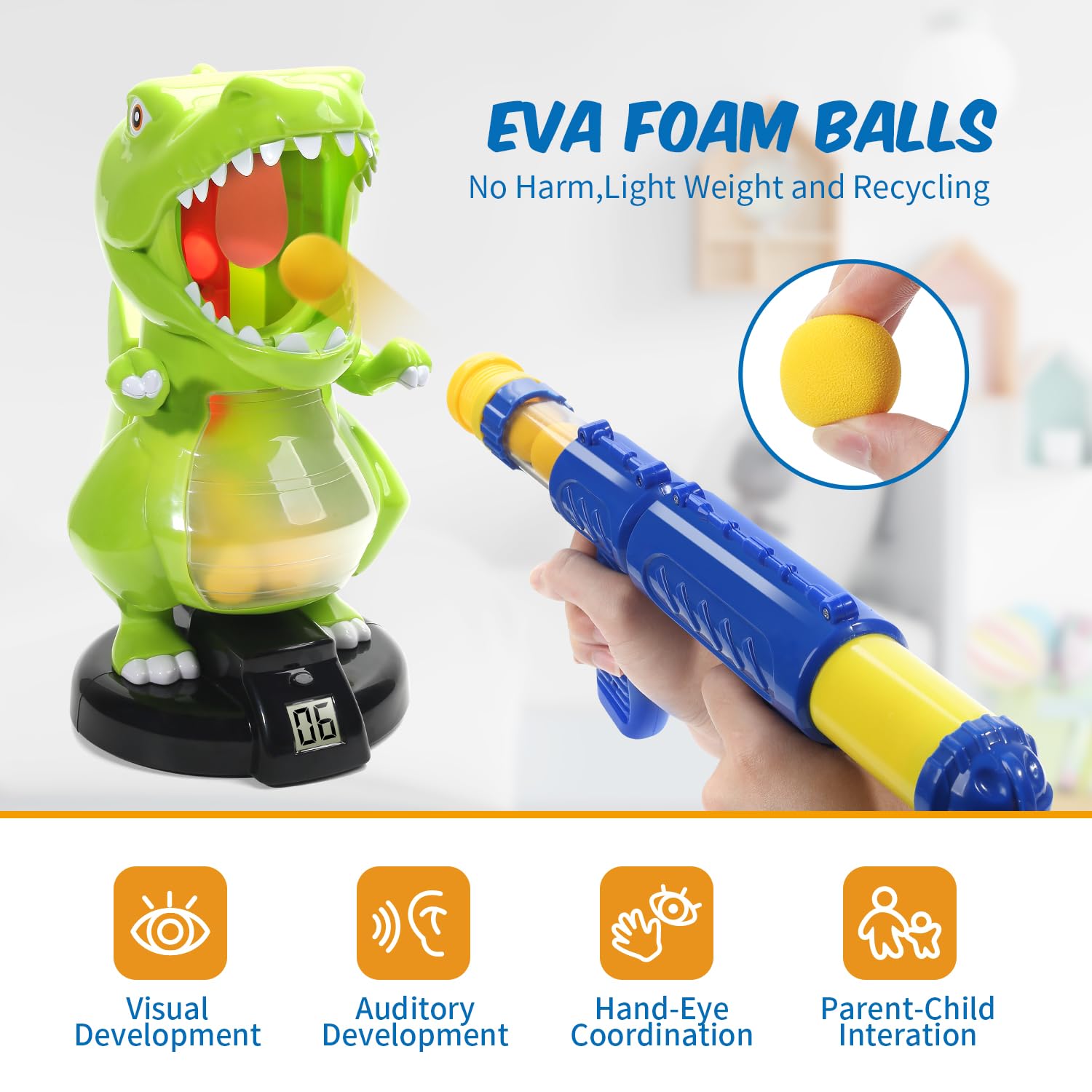 EagleStone Dinosaur Shooting Toy Target Game for Kids with Foam Balls LCD Score