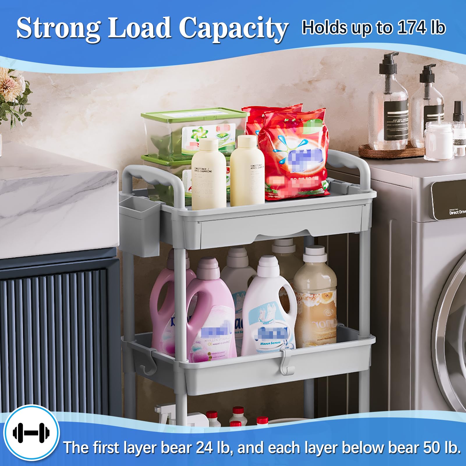 SUNALLY 3 Tier Rolling Cart with Drawer, Bathroom Storage Organizer with 2