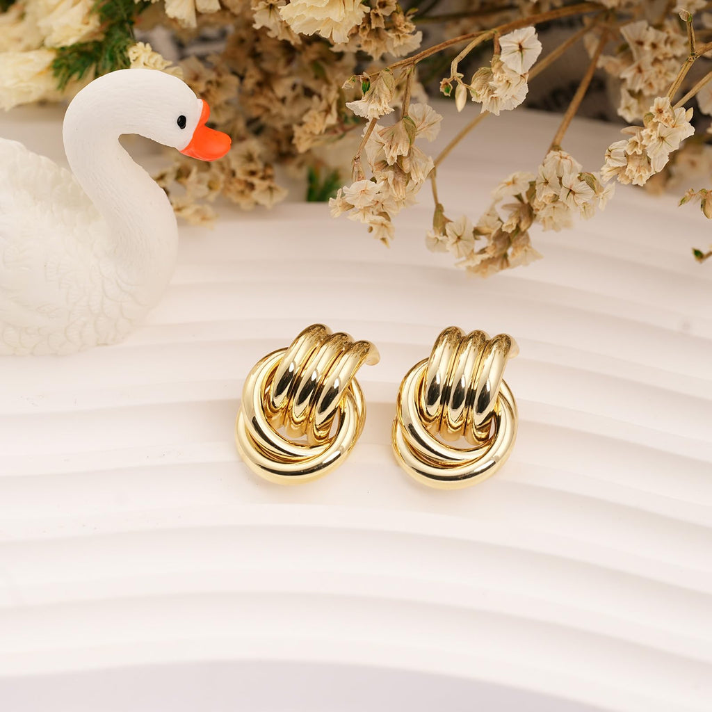 LWALMS Chunky Gold Earrings for Women - Double Knots 14K Real Gold Plated
