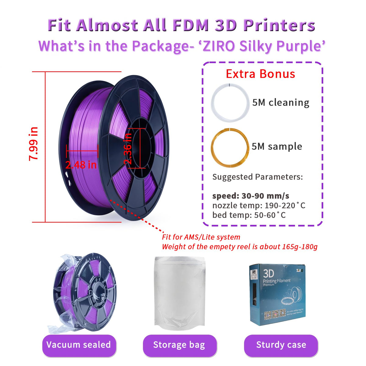 ZIRO 3D Printer Filament, Shine Glorry PLA Filament 1.75mm, Shining Silk 3D