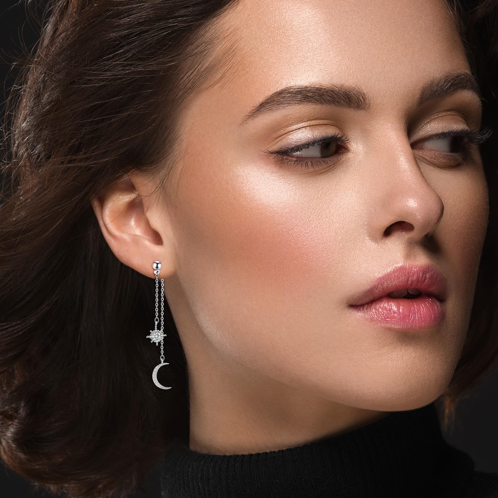Watforsh Moon and Star Dangle Earrings for Women Chain Tassel with Cubic