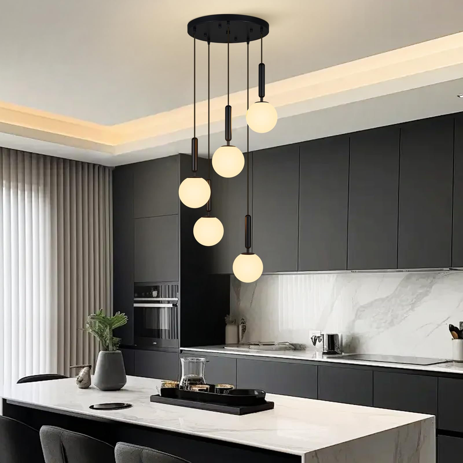 5 Light Black Globe Pendant Light Mid Century Modern Milk Glass Kitchen Island