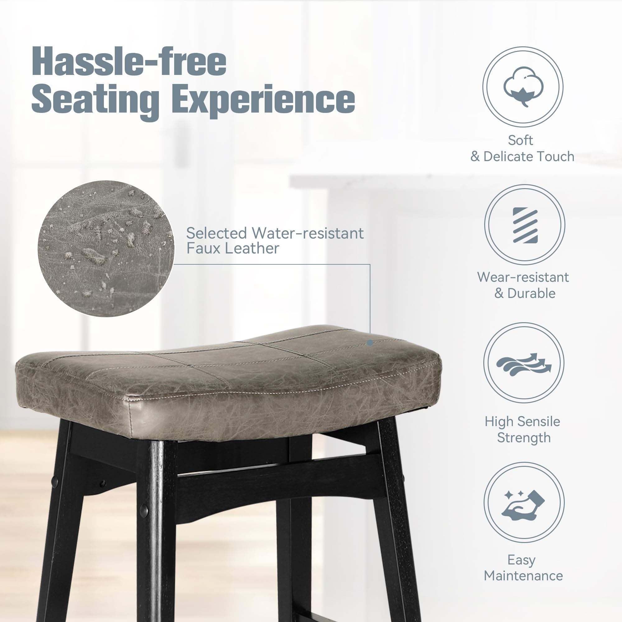 Erste!Bravo Grey Solid Wood Bar Stools Set of 2 for Kitchen Counter Height