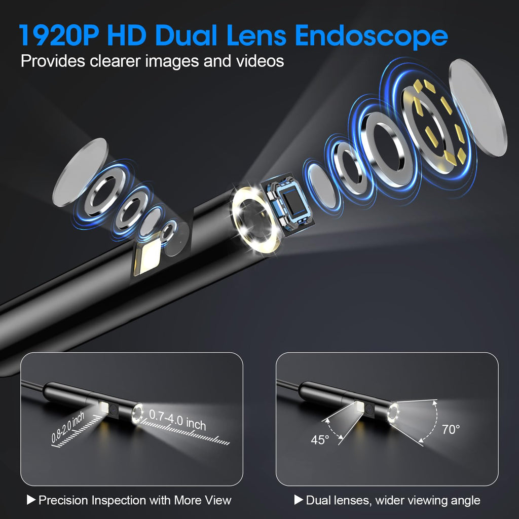 PAPIBLU Endoscope with Light, 1920P HD Borescope with 8 Adjustable LED Lights,