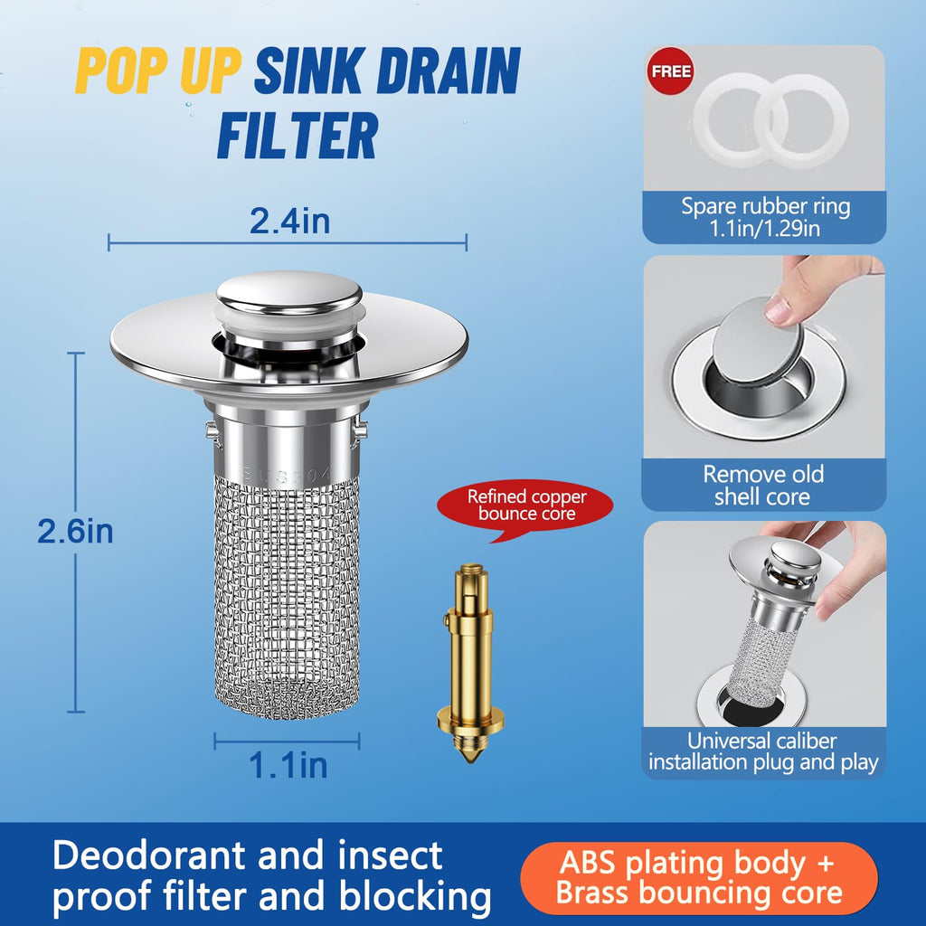 Vakabiu 2024 New Pop Up Bathroom Sink Drain Strainer Hair Catcher, Sink Drain