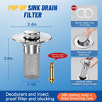 Vakabiu 2024 New Pop Up Bathroom Sink Drain Strainer Hair Catcher, Sink Drain