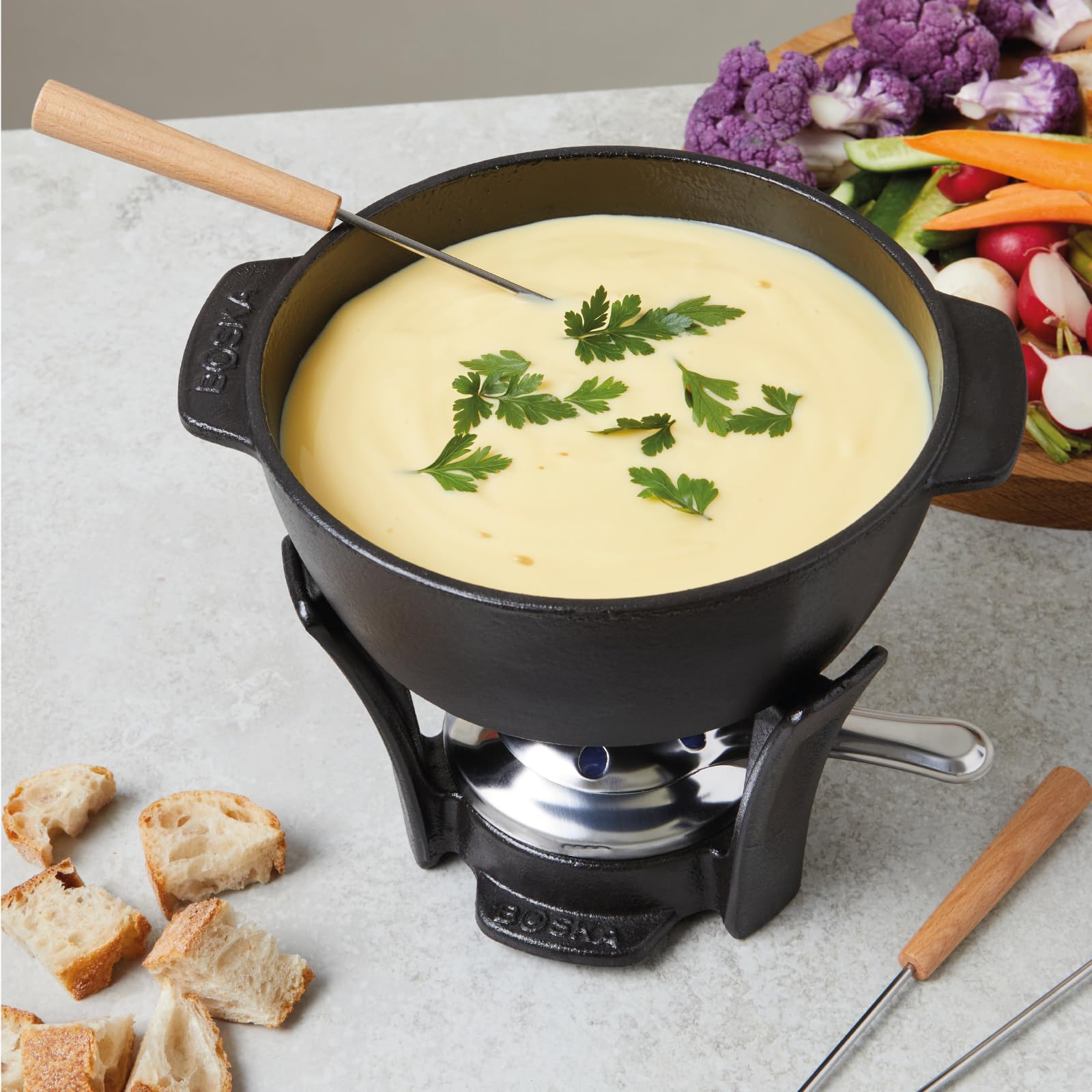 BOSKA Round Cast Iron Fondue Pot Party Pro Burner 4 Forks All Stove Cheese