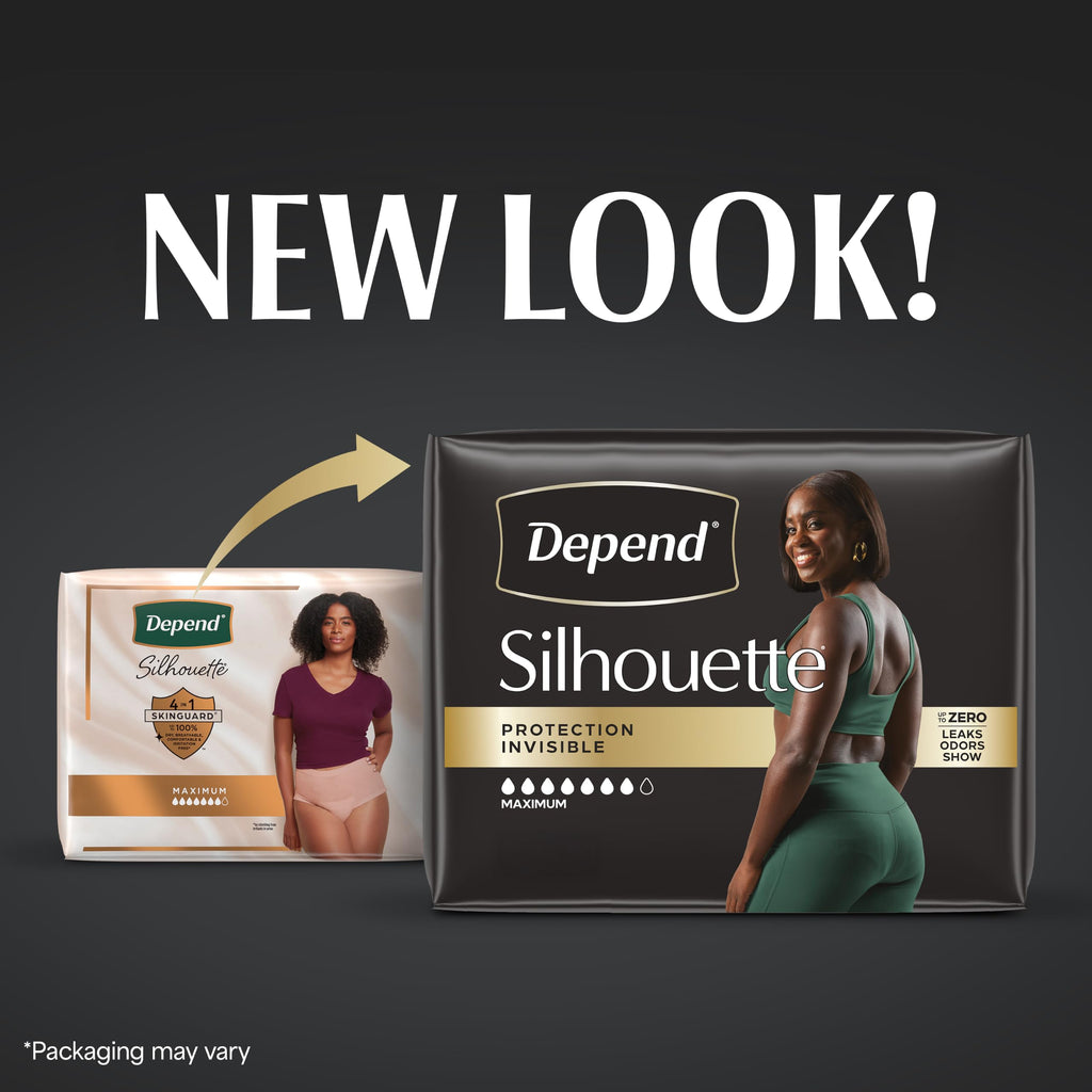 Depend Silhouette Adult Diapers, Incontinence & Postpartum Bladder Leak Underwear for Women, Maximum Absorbency, Extra Large, Black, 48 Count (2 Packs of 24), Packaging May Vary