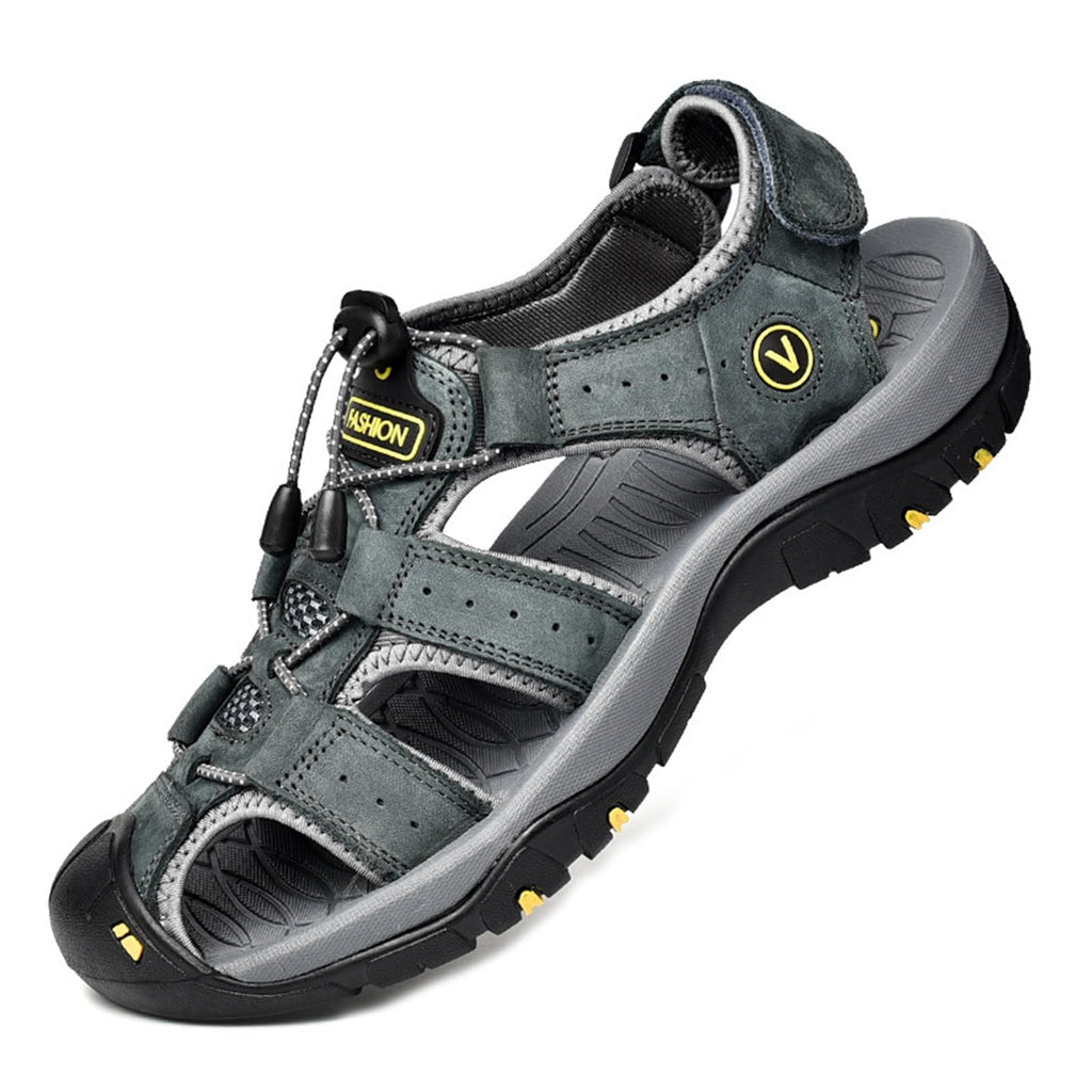 XENTORD Men's Genuine Leather Sport Sandals Comfort Platform Non-Slip Hiking Sandals with Arch Support Lightweight Closed Toe Outdoor Trail Water Shoes (Gray,8)