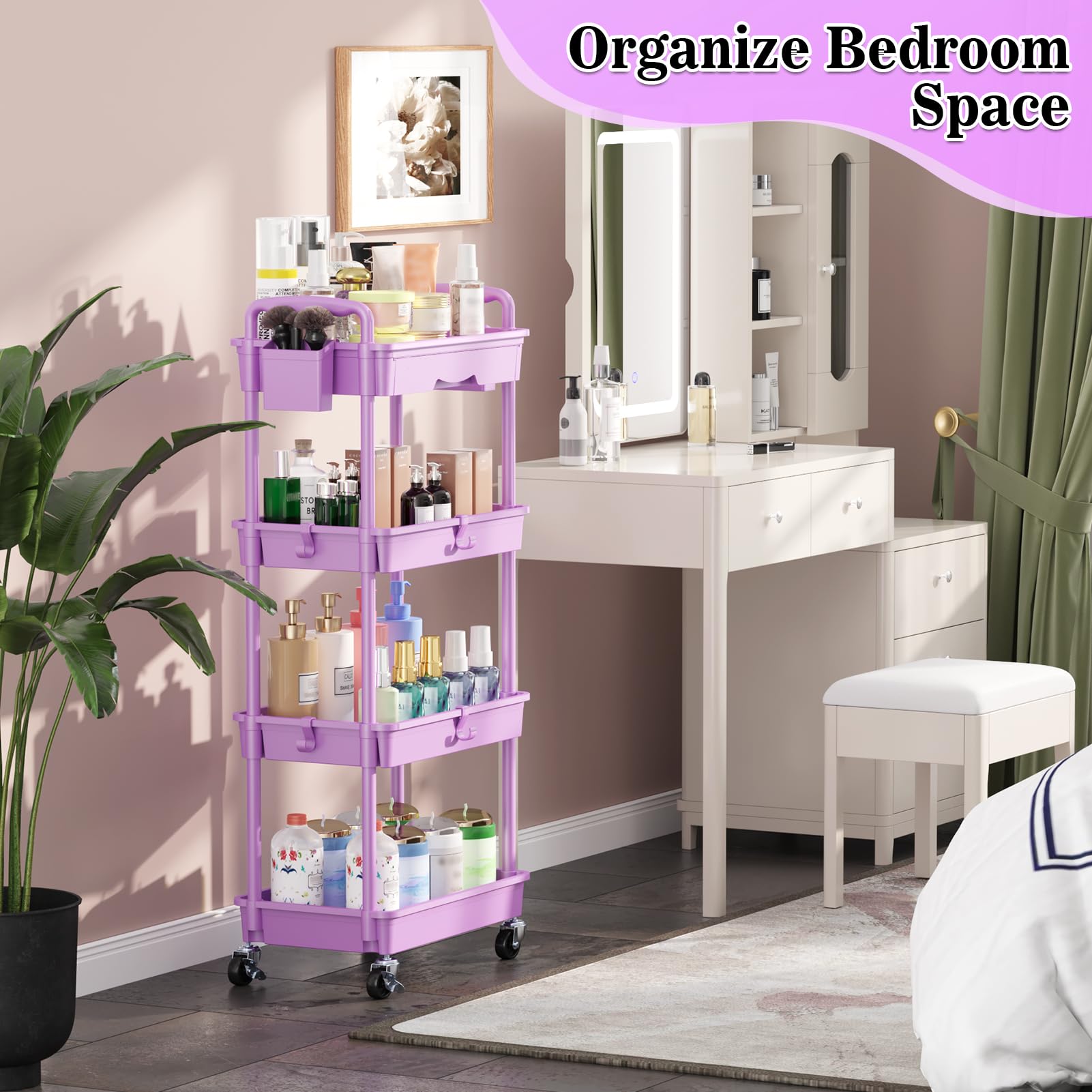 SUNALLY 4 Tier Rolling Cart Organizer w/ Drawer Storage Cart Purple Wheels