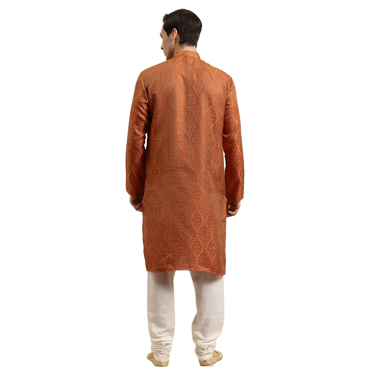 Sojanya (Since 1958 Men'S Jacquard Silk Orange & Gold Kurta & Off-White Churidar