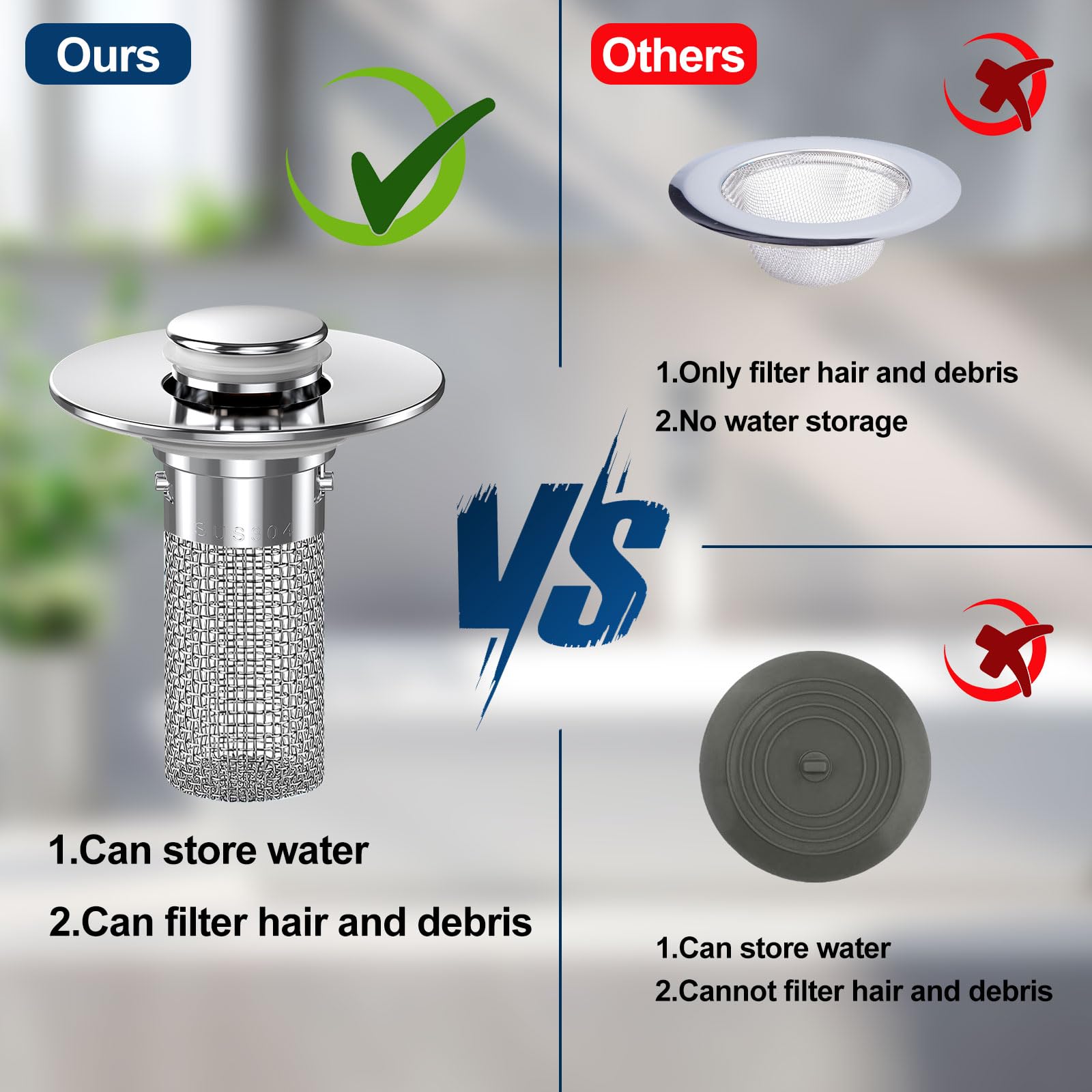 Vakabiu 2024 New Pop Up Bathroom Sink Drain Strainer Hair Catcher, Sink Drain