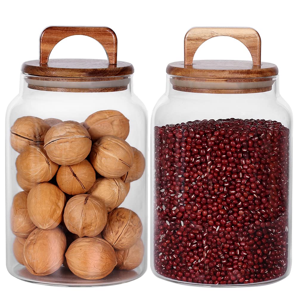 SAIOOL Canister Set of 2, Glass Kitchen Canisters with Airtight Acacia Lid, Tall