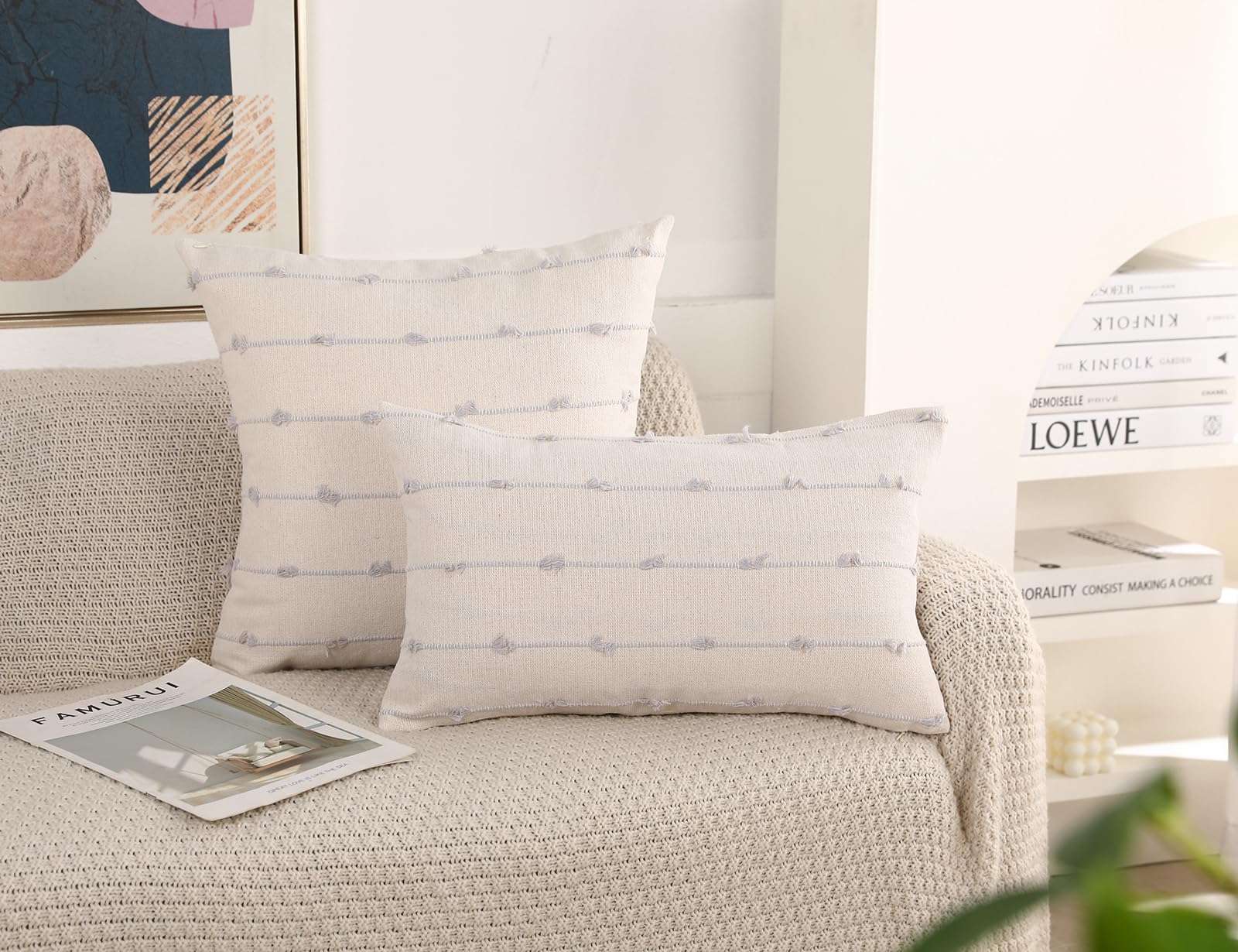NUYECY Set of 2 Boho Throw Pillow Covers 28x28,Stone Grey and White Neutral