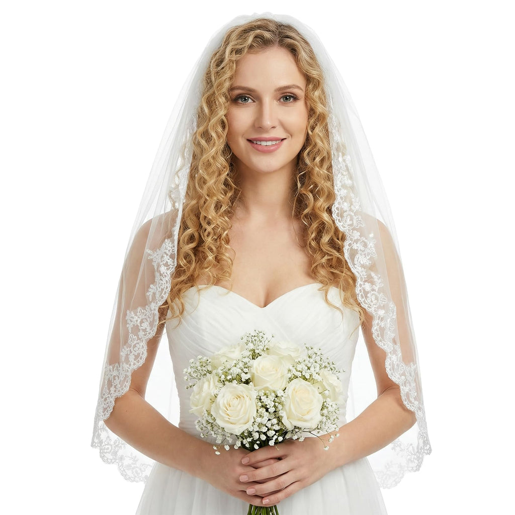 Josojoou White Wedding Bridal Veil, (Comb not included) 1 Tier Floral Edge