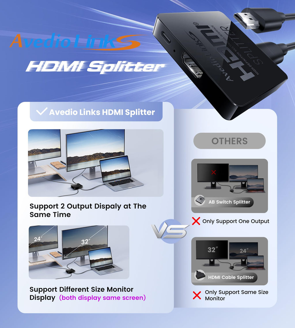 avedio links HDMI Splitter 1 in 2 Out [w/ 4 Ft Hdmi Cable]Not for Extended