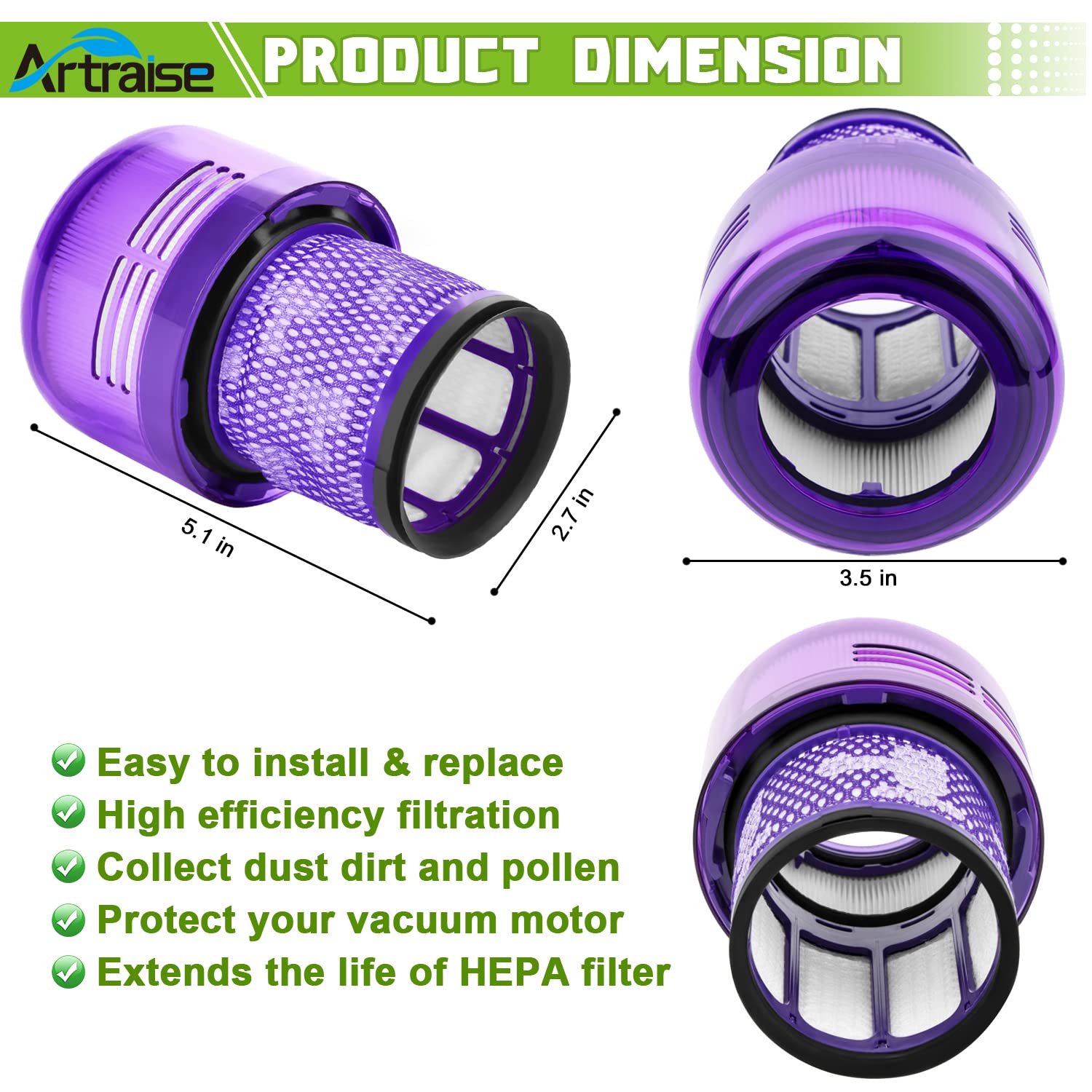 Artraise 2 Pack V15 Filter Replacement Compatible with Dyson V11 Torque Drive