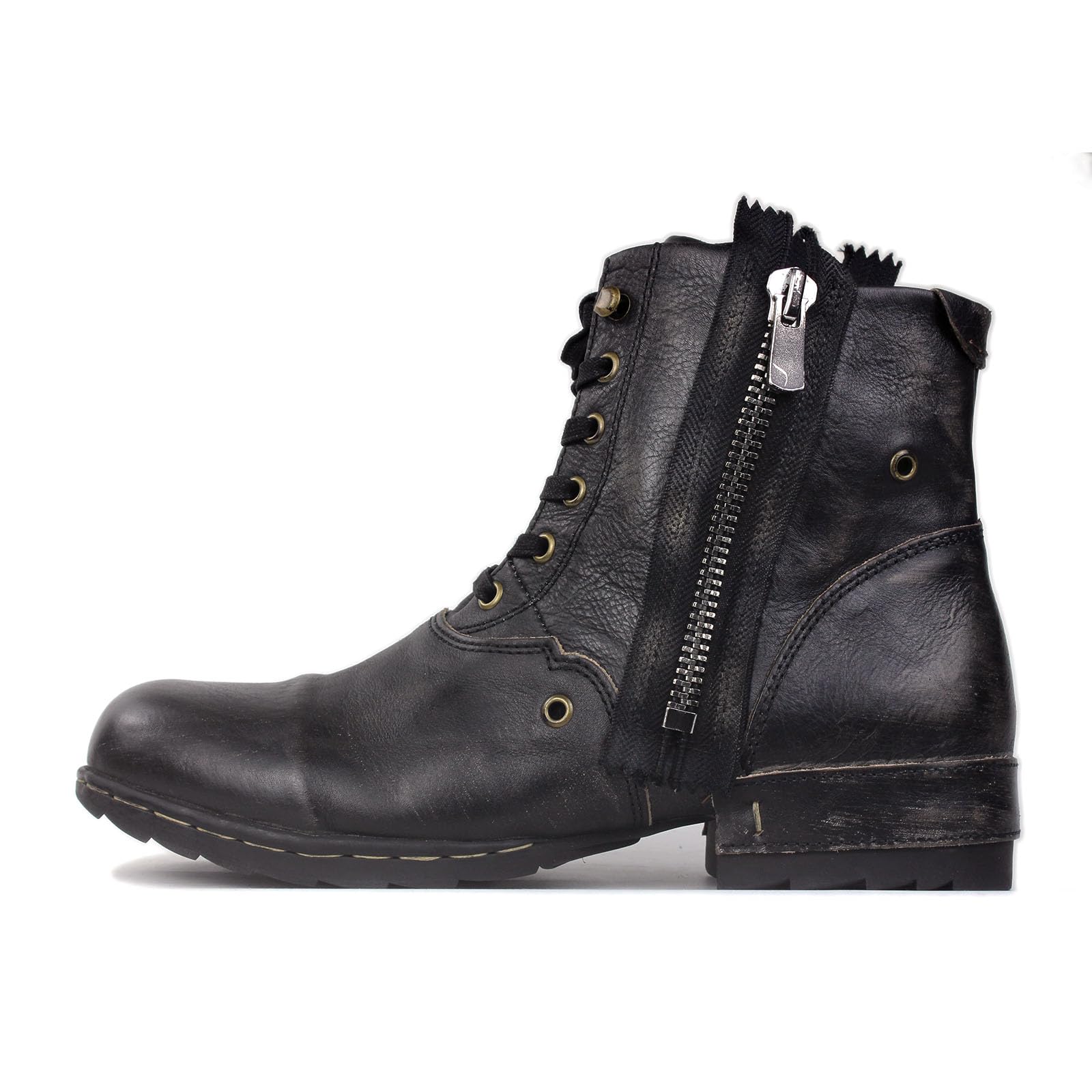 OSSTONE Moto Boots for Men Fashion Zipper-up Leather Chukka Boots Casual Shoes 5008-8, Retro Black, US9