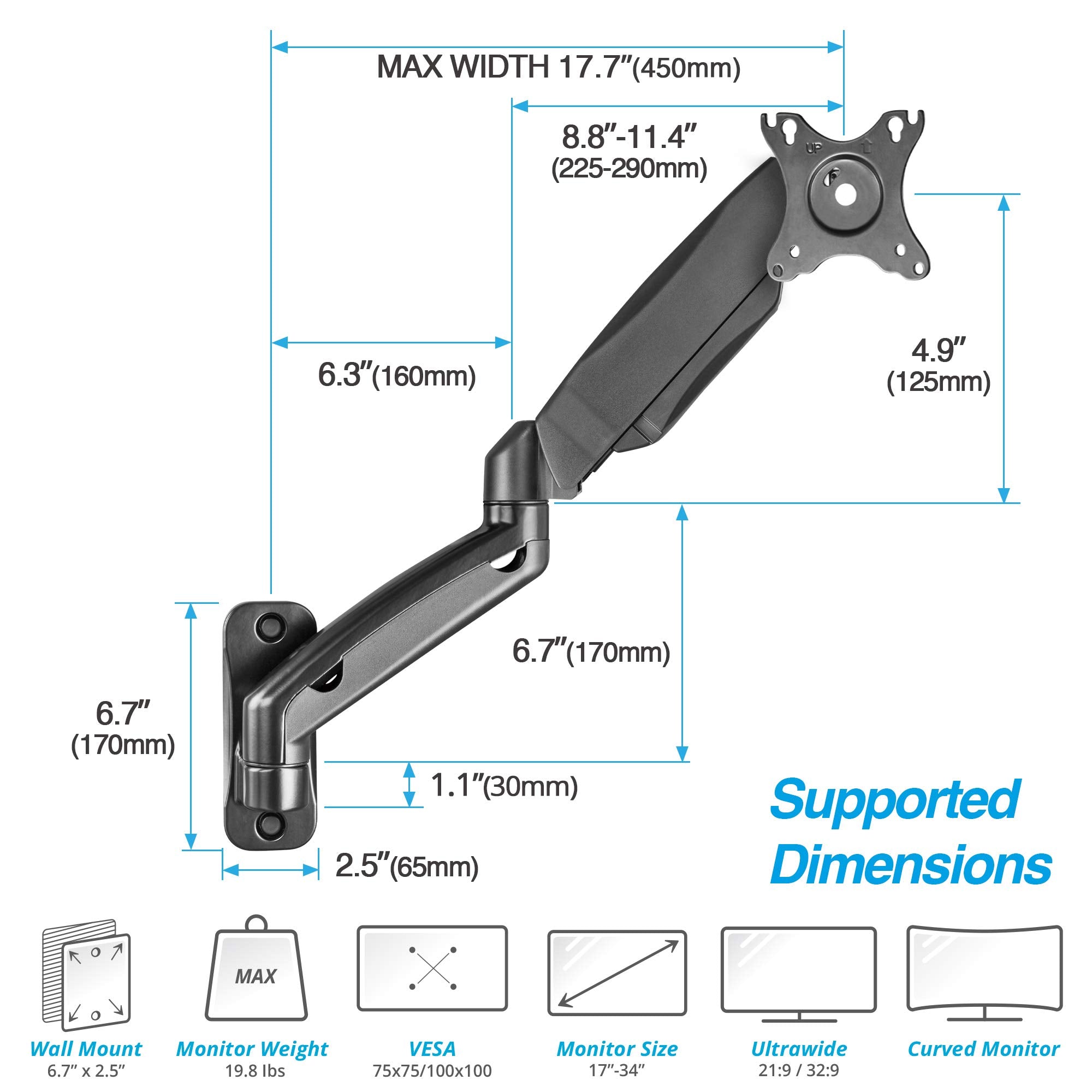AVLT Single Monitor Wall Mount Arm 17–34 inch  Full Motion VESA Tilt Swivel