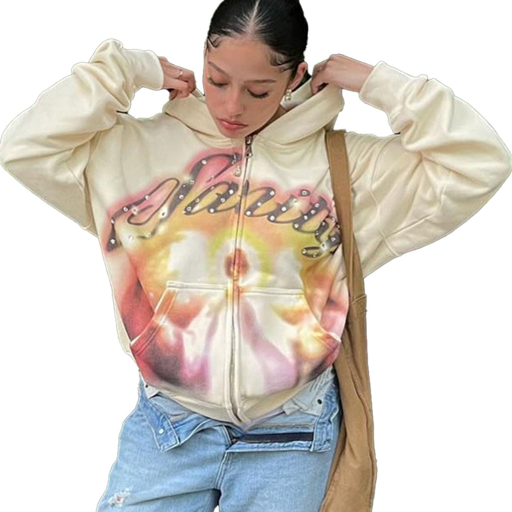 Mandonce Graphic Sweatshirts for Women Long Sleeve Cute Hoodies Y2K Zip up