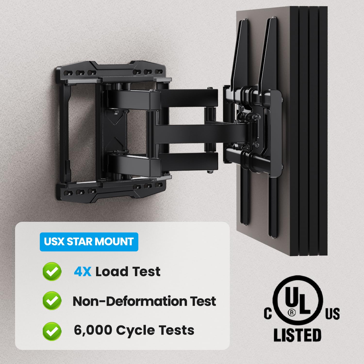 USX STAR Full Motion TV Wall Mount 37–90" UL Listed VESA 600x400 132lbs Swivel