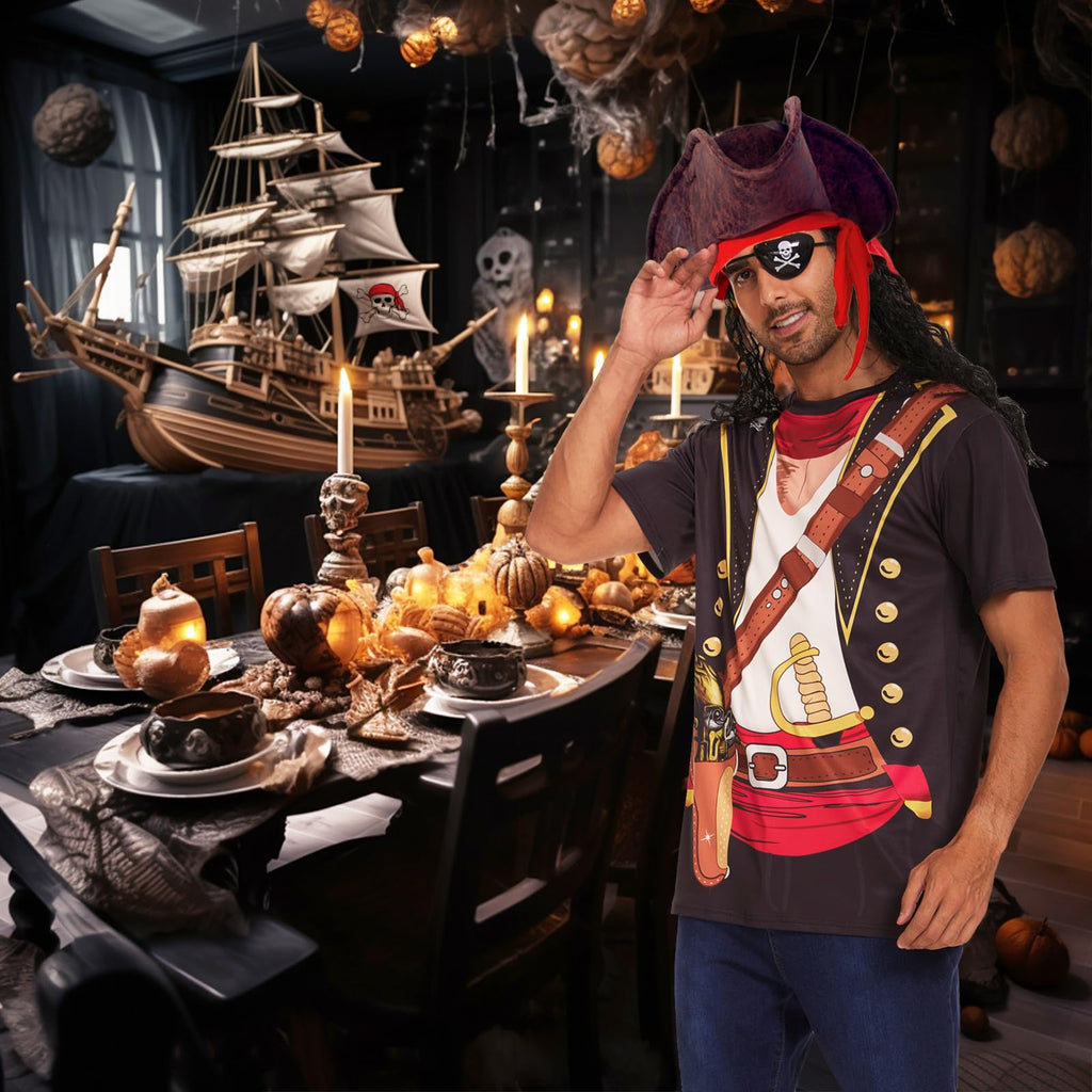 Vegove Novelty Men's Pirate Costume T-Shirts Set, 3D Caribbean Cruise Night