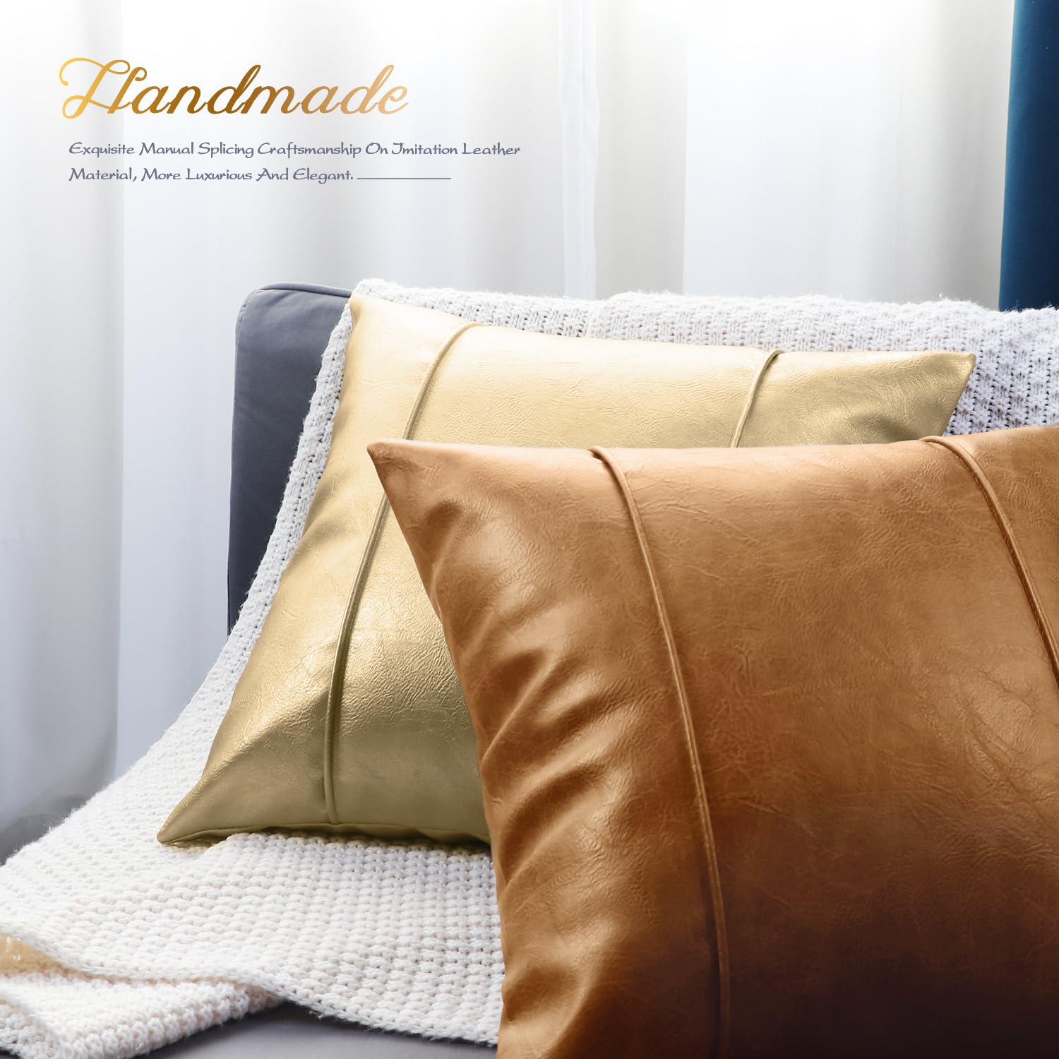 BRAWARM Tan Leather Throw Pillow Covers 22 X 22 Inches - Faux Leather Pillow