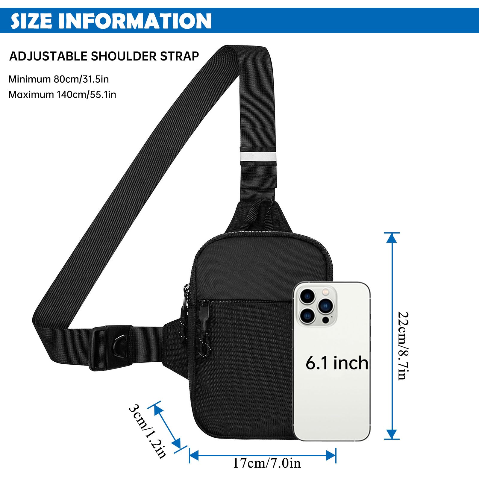 YAMEIZE Mini Crossbody Sling Bag - Trendy Small Chest Bag with Adjustable Strap for Men Women Multipurpose Daypack (Black-(Small))