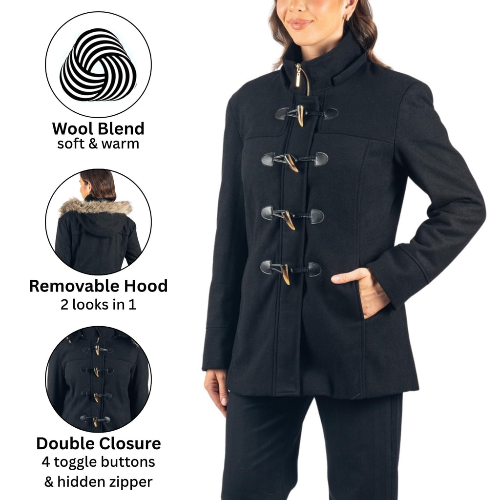 Alpine Swiss Duffy Womens Wool Blend Toggle Coat Removable Faux Fur Hood Classic
