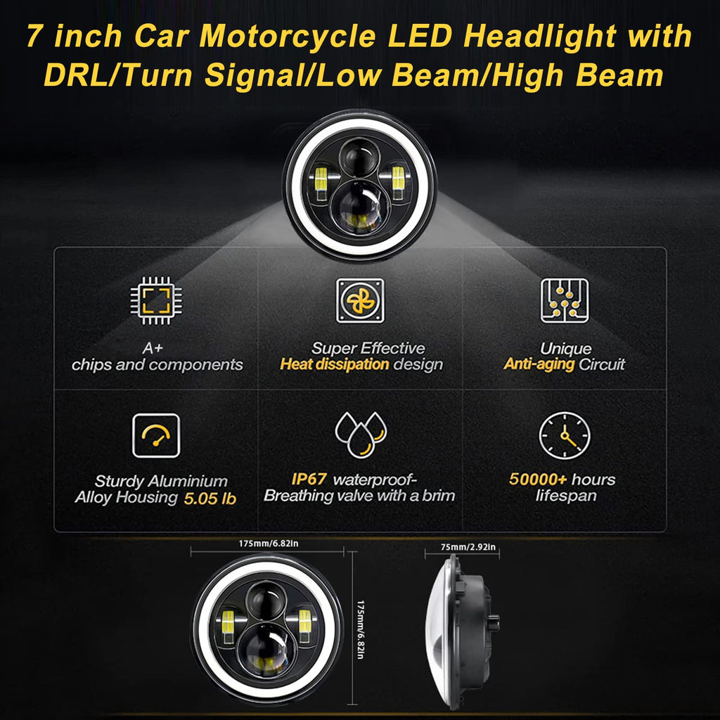 Shkalacar 7inch LED Headlight H4 140W Angel Eyes Round Headlights 4 Modes