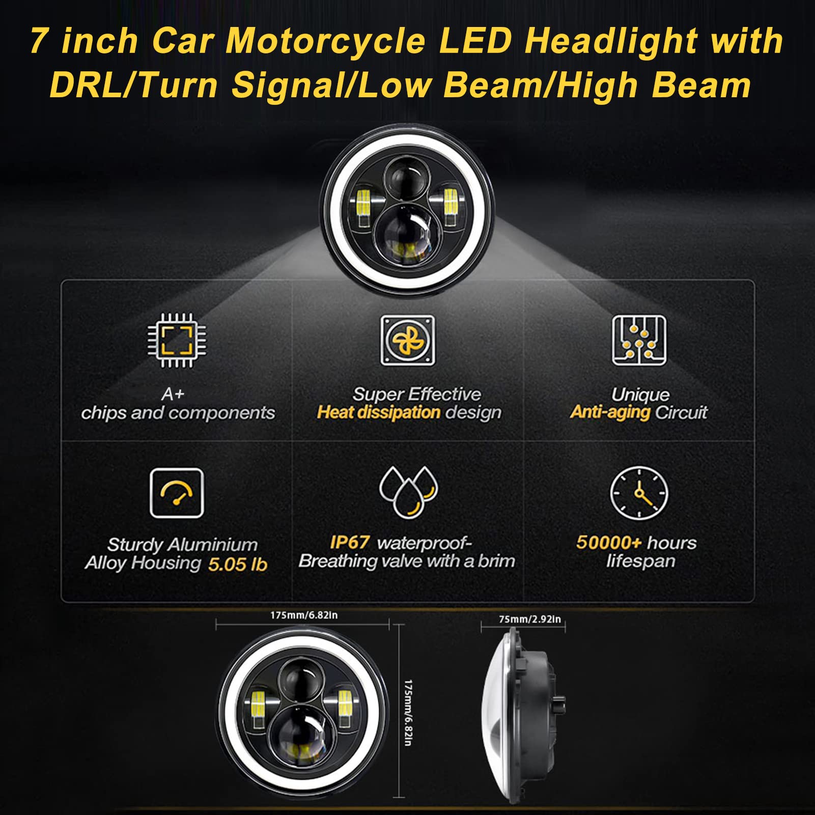 Shkalacar 7inch LED Headlight H4 140W Angel Eyes Round Headlights 4 Modes
