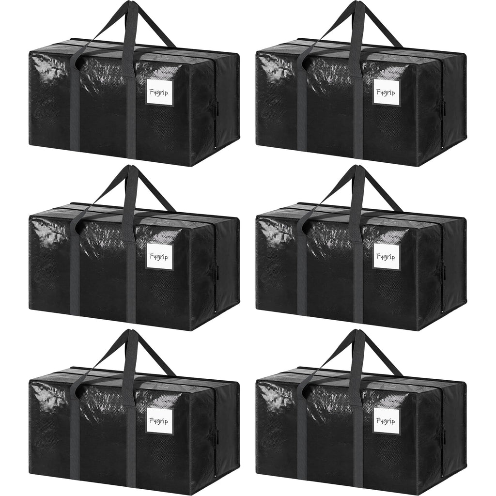 6 Pack Heavy Duty Moving Bags Large Storage Totes with Zipper Handles Black