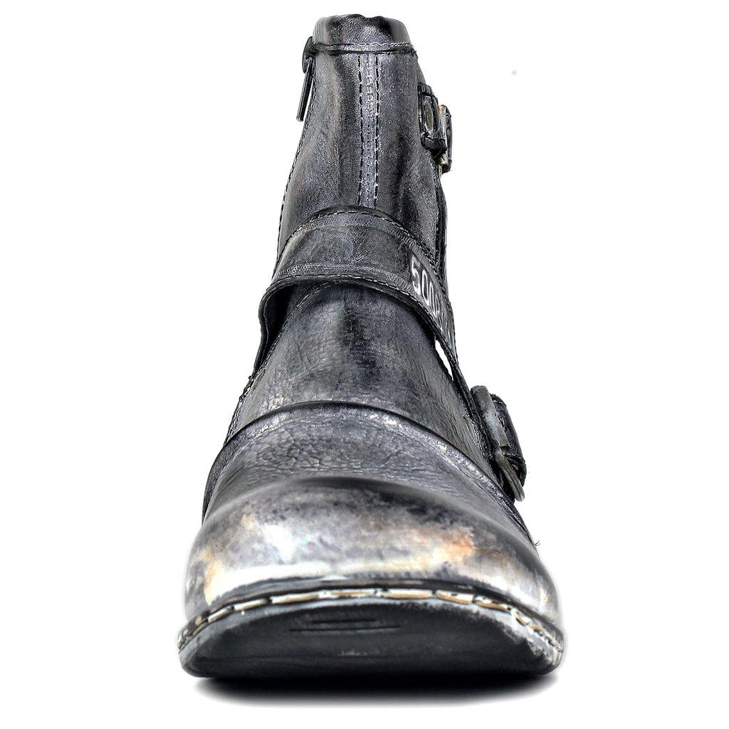 OSSTONE Men Moto Boots Zipper Leather Chukka Casual Distressed Black US8.5