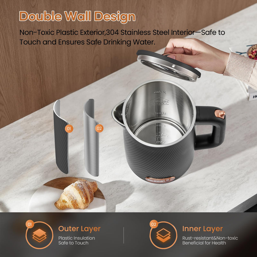 OLEGA 1.8L Electric Kettle 1500W Stainless Steel Tea Water Boiler Black