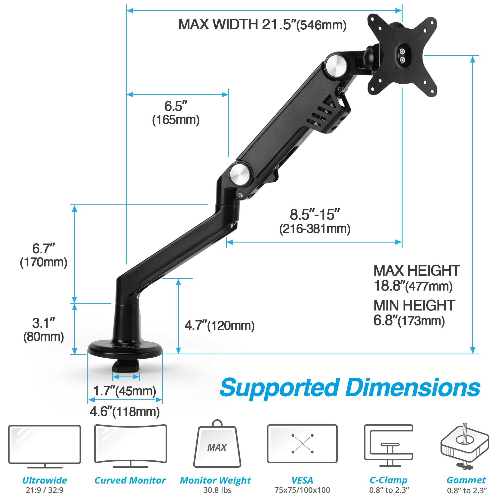 AVLT Single Monitor Arm Desk Mount 13–38 inch  Full Motion VESA Ultrawide Black
