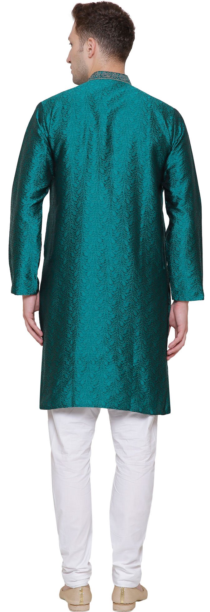 Poly Silk Men's Kurta Pajama India Clothing Wedding Party Wear (Green, XL)